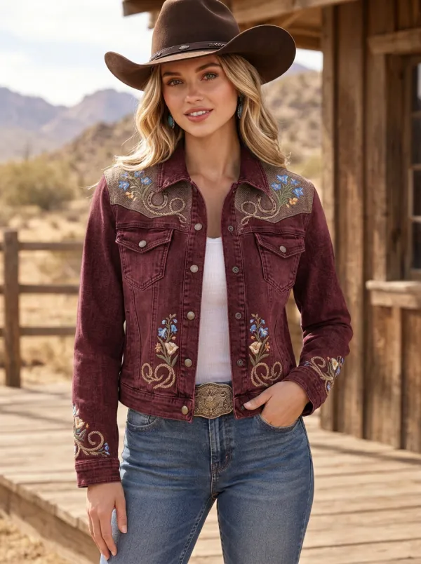 Women's Classic Western Cowgirl Horseshoe Horse Floral Embroidered Denim Jacket