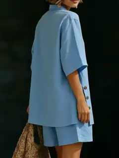 Pocketed Linen Shirt and Shorts Matching Set