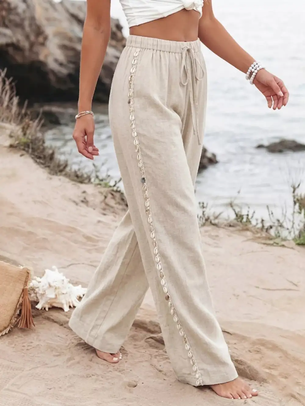 Linen Blend Wide Leg Drawstring Pants