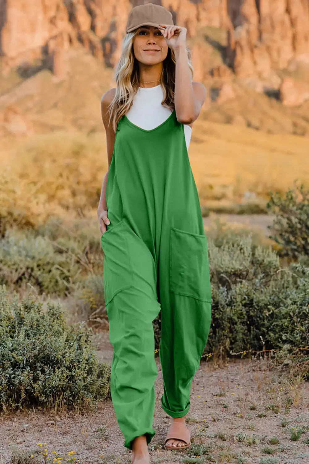 V Neck Sleeveless Pocket Jumpsuit