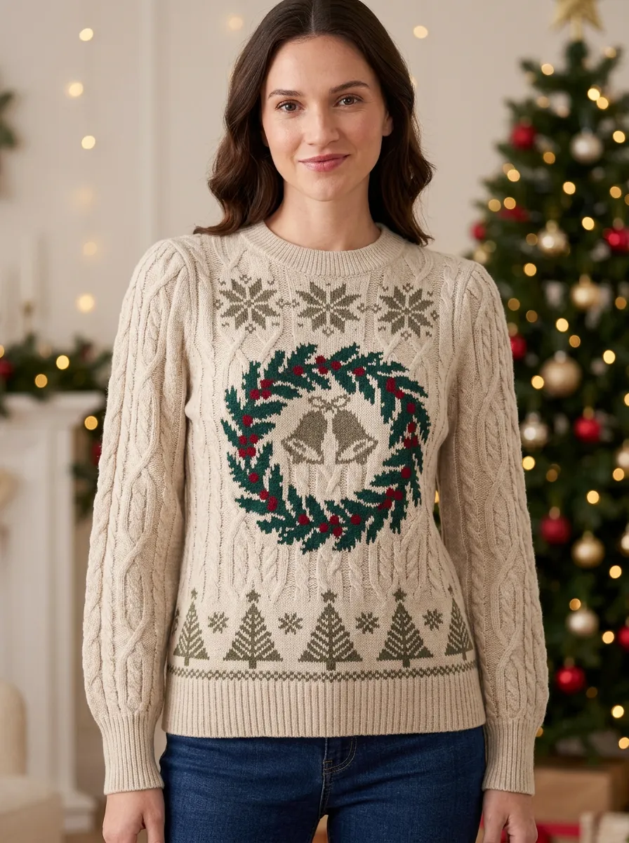 Christmas Holiday Wreath Bells Tree Pattern Print Sweater