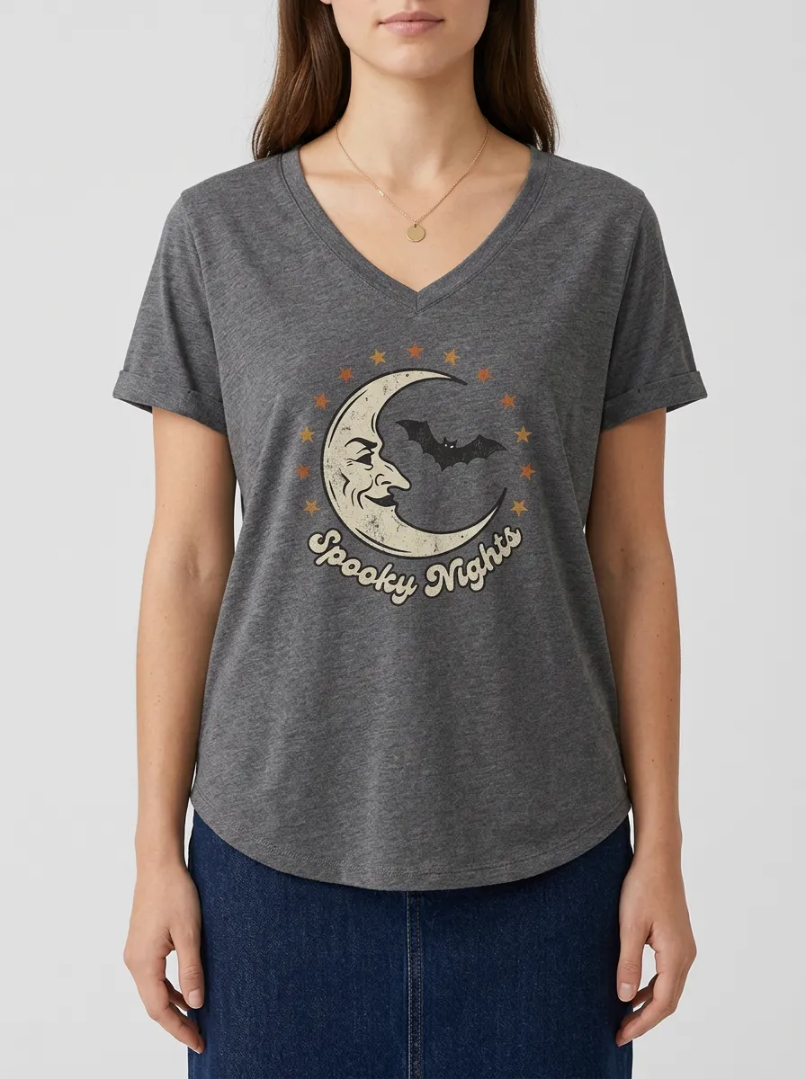 Women's Halloween Spooky Nights Moon Bat Stars Printed V-neck T-shirt
