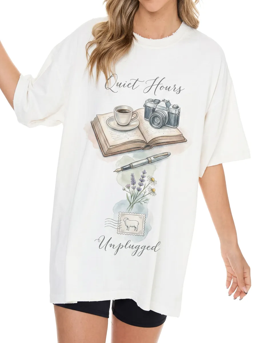 Women's Quiet Hours Book Camera Coffee Printed T-shirt