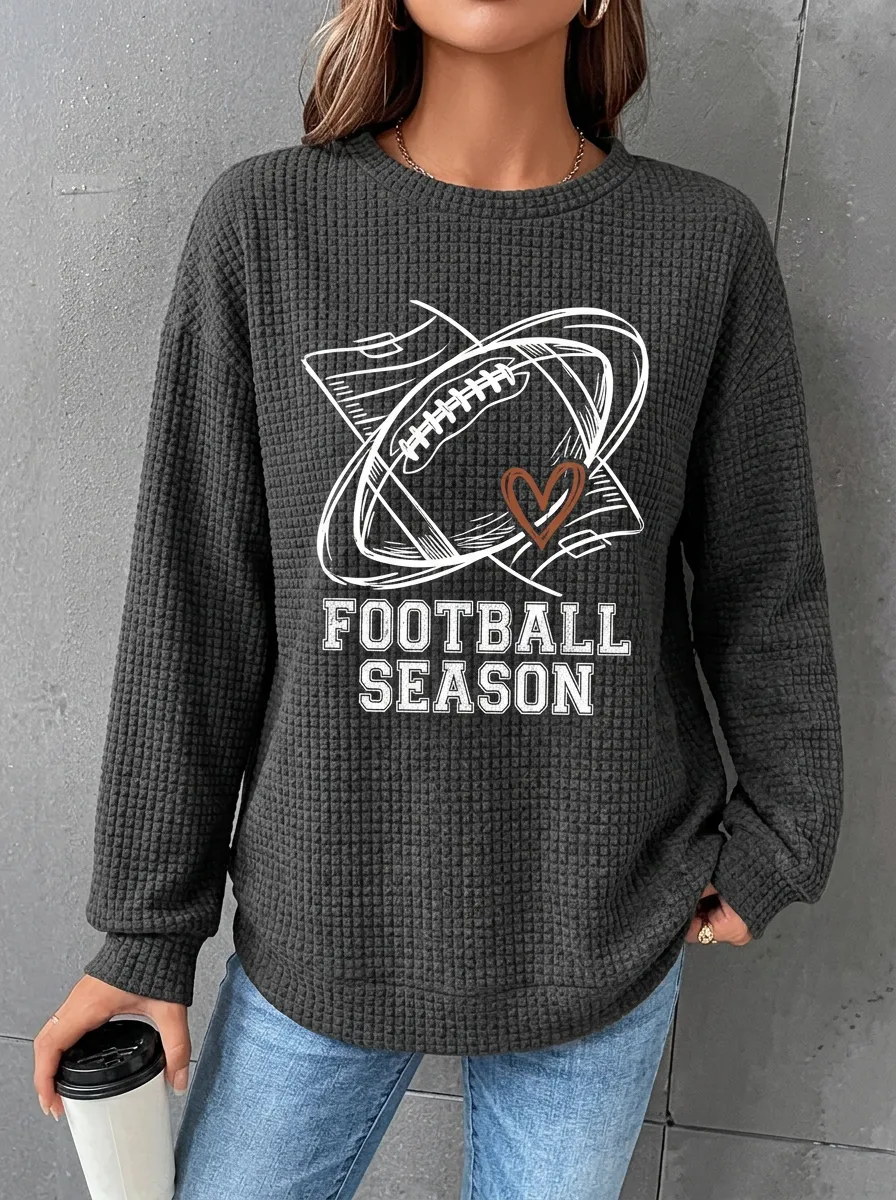 Women's Football Season Heart Graphic Printed Waffle Knit Sweatshirt
