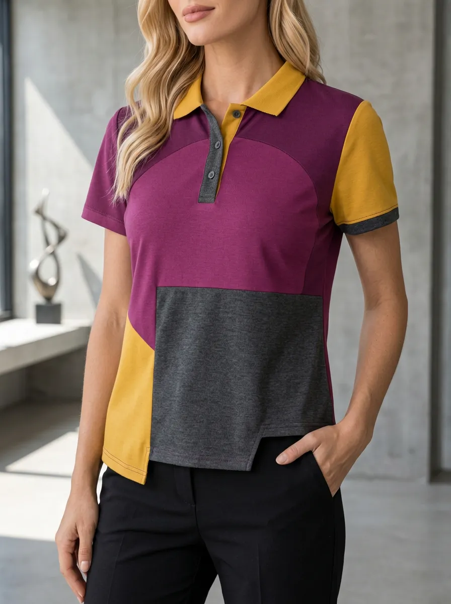 Women's Classic Color Block Geometric Polo Shirt
