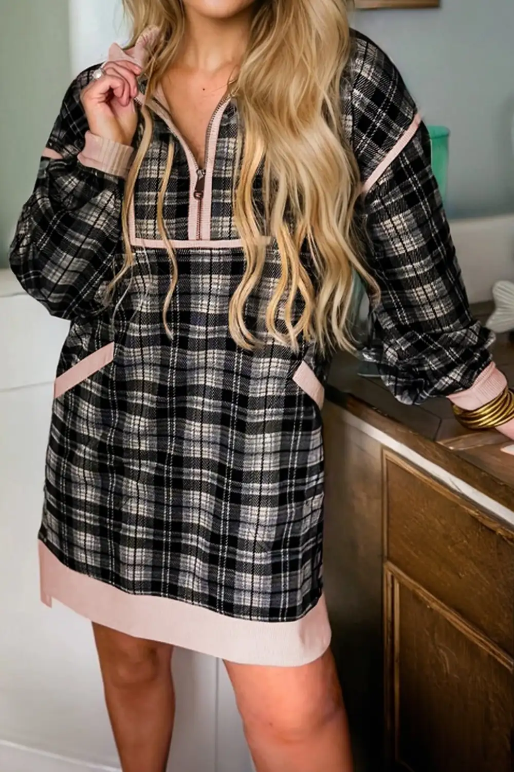Lightweight Feel Plaid Zip Front Long Sleeve Mini Dress