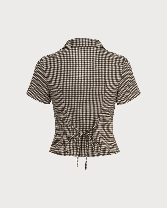 Brown Lapel Gingham Short Sleeve Blouse
