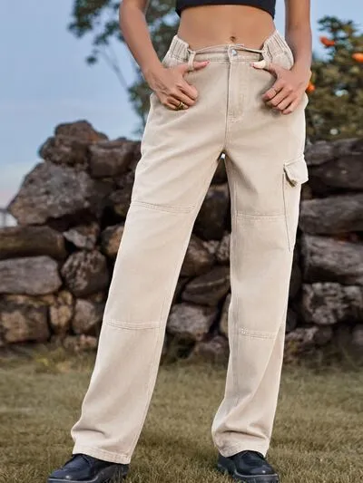 High Waist Cargo Straight Denim Jeans