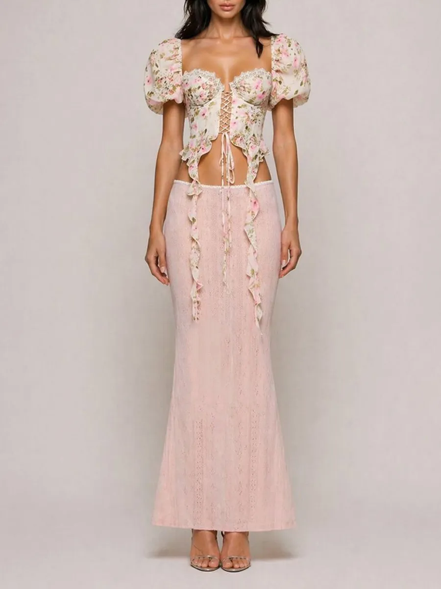 Iliana French-Style Floral Chiffon Top with Square Neckline and Tie Detail