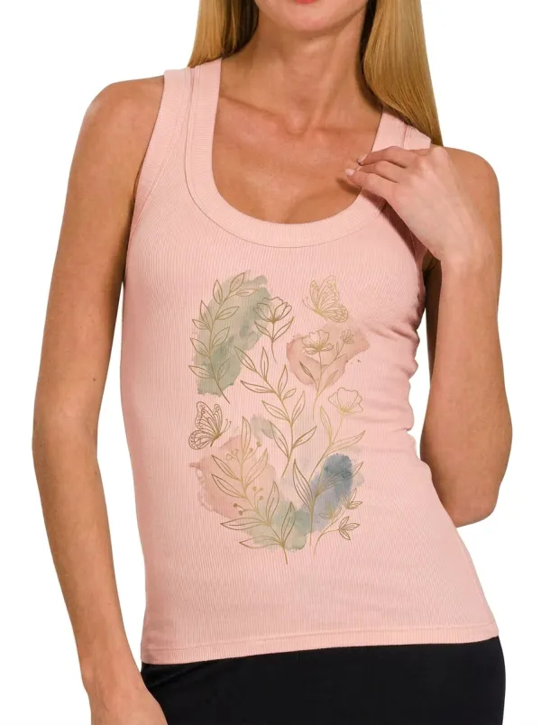 Women's Botanical Butterfly Watercolor Printed Ribbed Tank Top