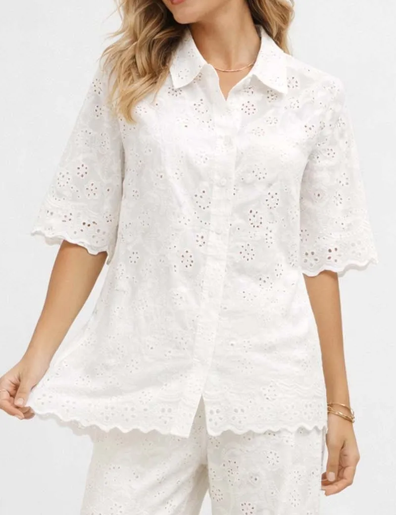 Eyelet Embroidery Scalloped Hem Blouse