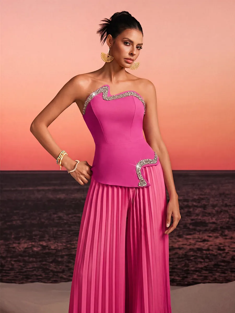 Zora Strapless Crystal Pleated Pants Set