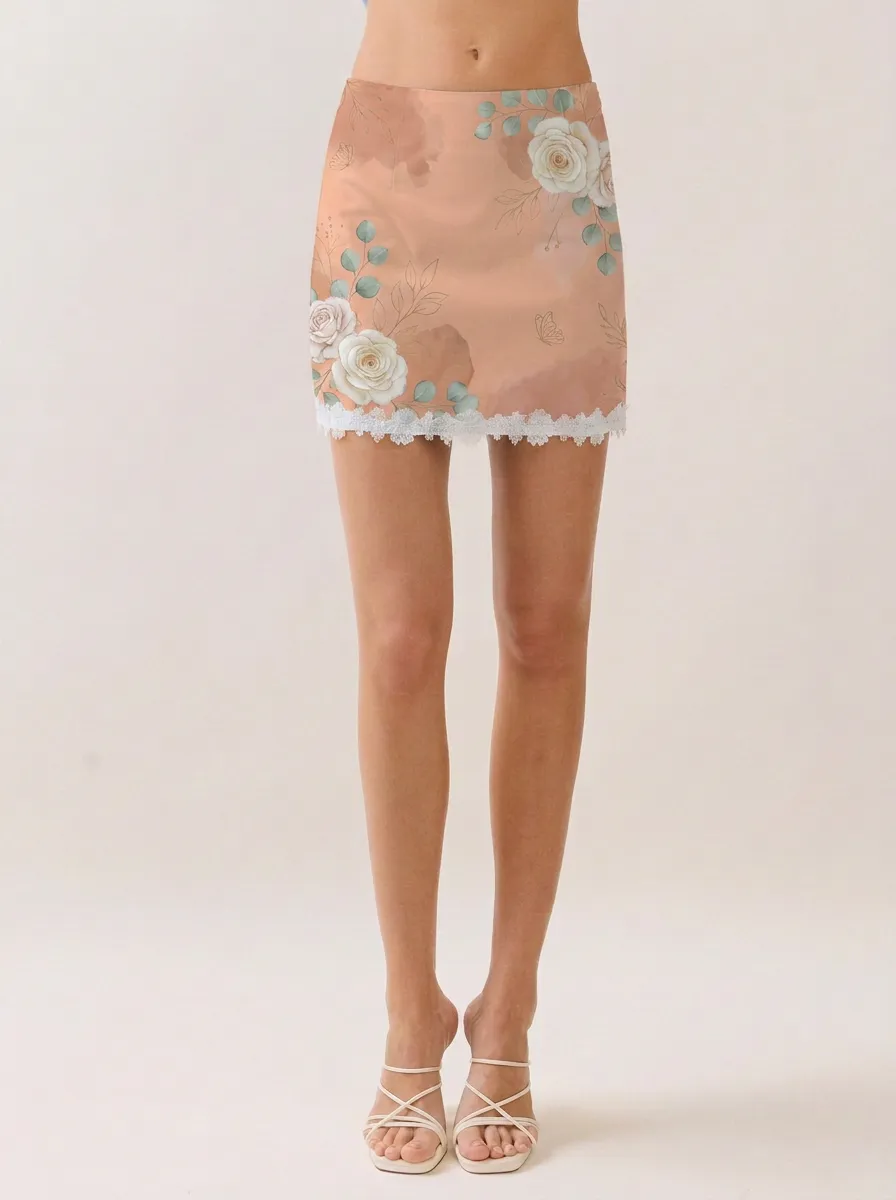 Women's Floral Aesthetic Rose Butterfly Printed Lace Trim Mini Skirt