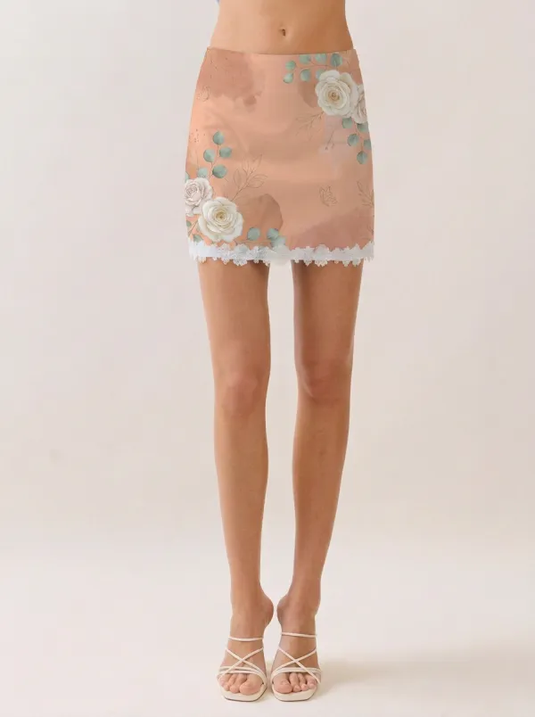 Women's Floral Aesthetic Rose Butterfly Printed Lace Trim Mini Skirt