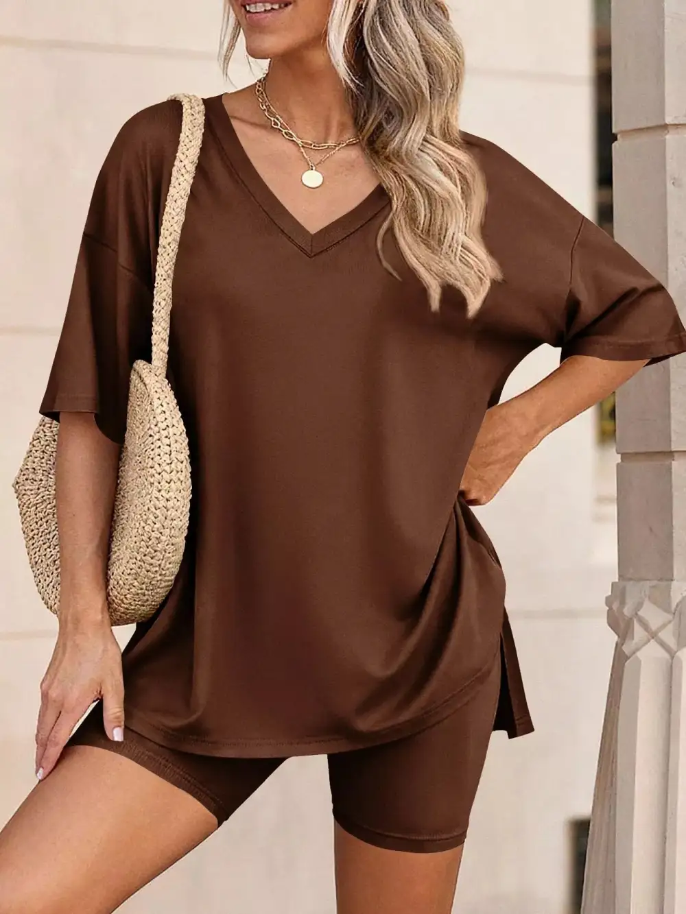Casual Loose V Neck T Shirt Shorts Sets
