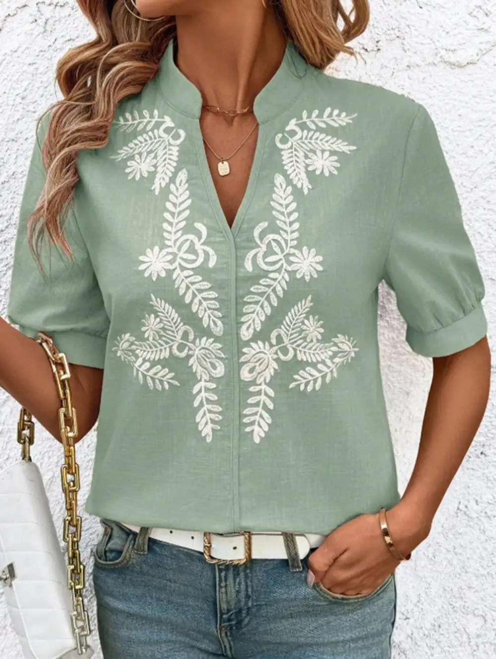 V Neck Embroidered Cotton Short Sleeve Blouse