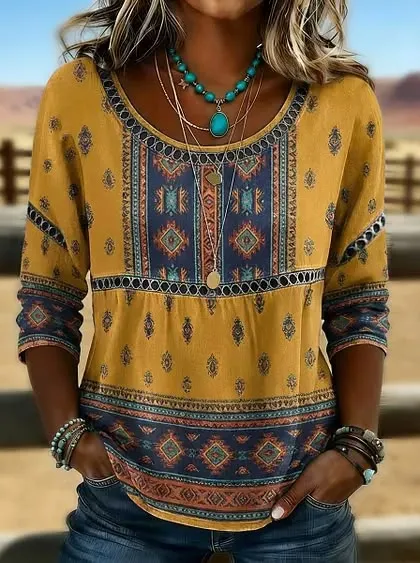 Women's Casual Round-Neck Printed Cotton-Linen Top