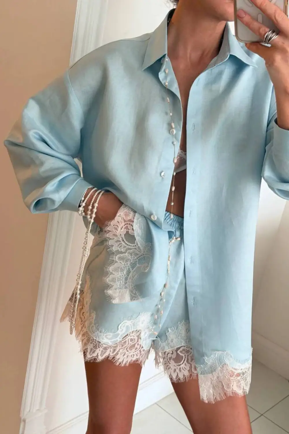 Emma Lapel Long-Sleeve Shirt & Lace-Paneled Shorts Set