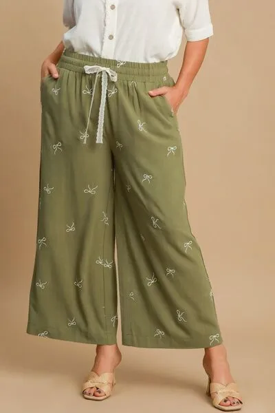 Full Size Lace Drawstring Embroidered Bow Wide Leg Pant