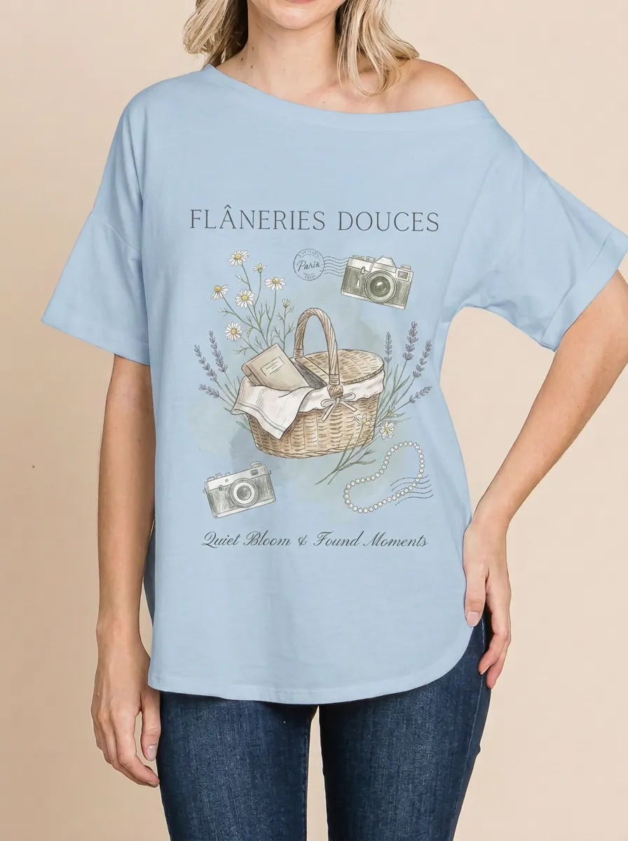 Women's Picnic Aesthetic Camera Flower Basket Printed T-shirt
