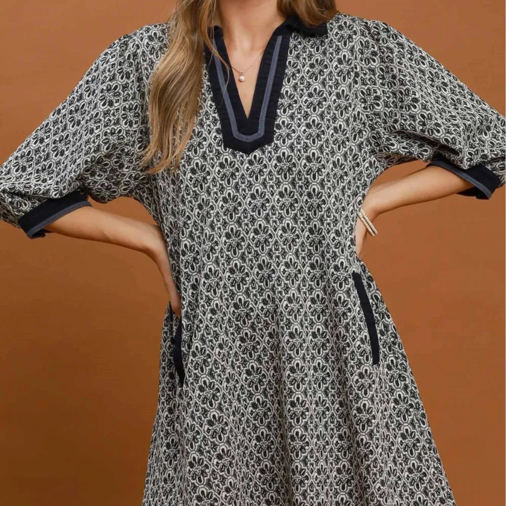Classic Jacquard Puff Sleeve Dress