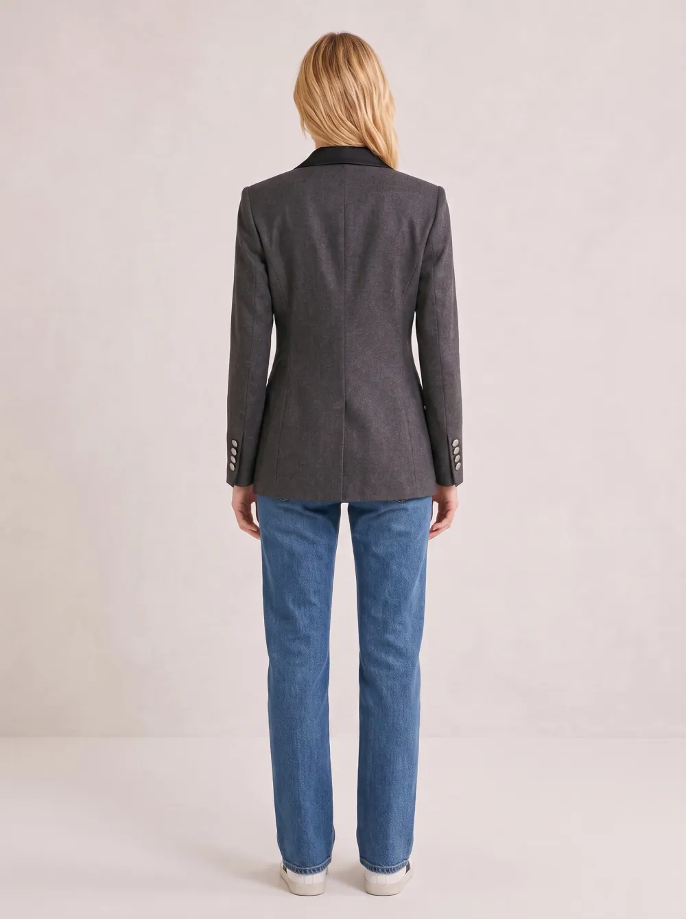 Women's Charcoal Grey Satin Lapel Double-Breasted Blazer Jacket