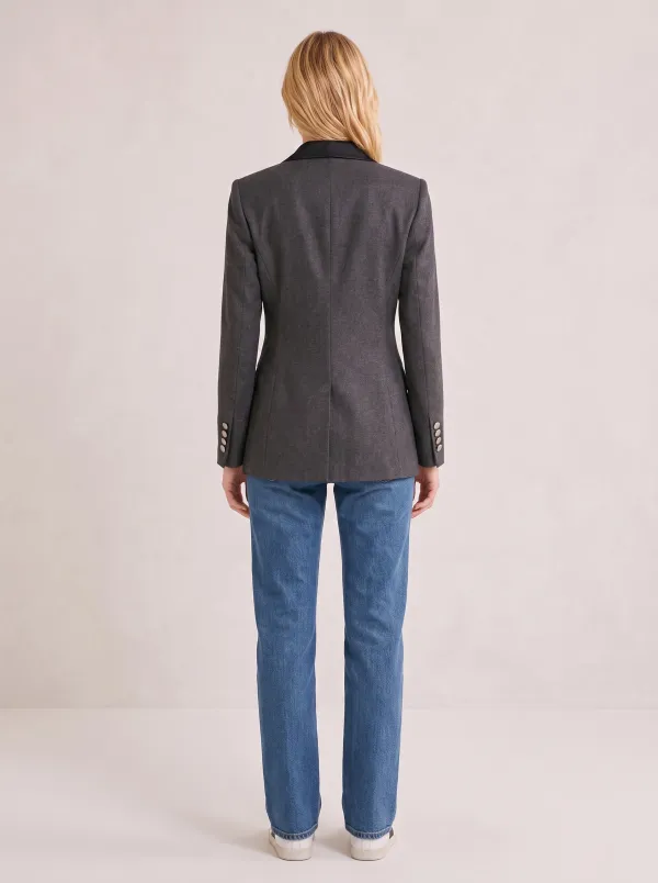 Women's Charcoal Grey Satin Lapel Double-Breasted Blazer Jacket