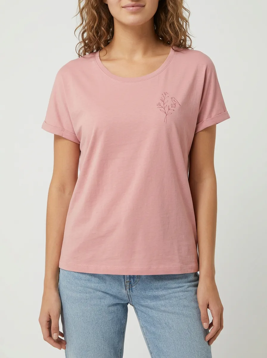 Women's Nature Lover Bird and Branch Printed Pink T-shirt