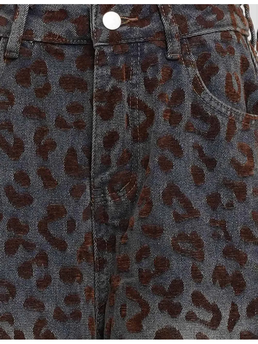 Jacquard Button Waist Barrel Leg Denim Pants