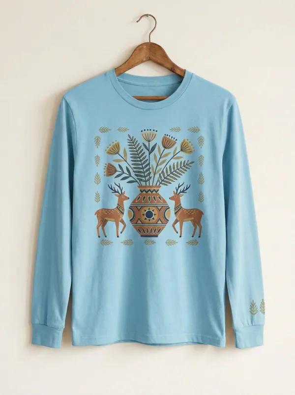 Nature Lover Boho Deer Floral Vase Long Sleeve T-Shirt