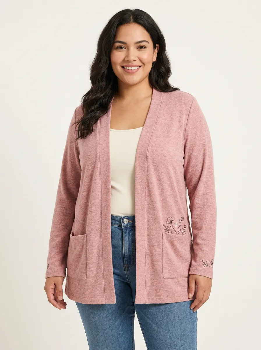 Women's Pink Floral Pocket Embroidered Printed Casual Cardigan