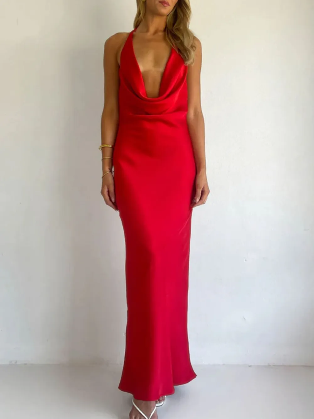Ruched Halter Satin Maxi Dress