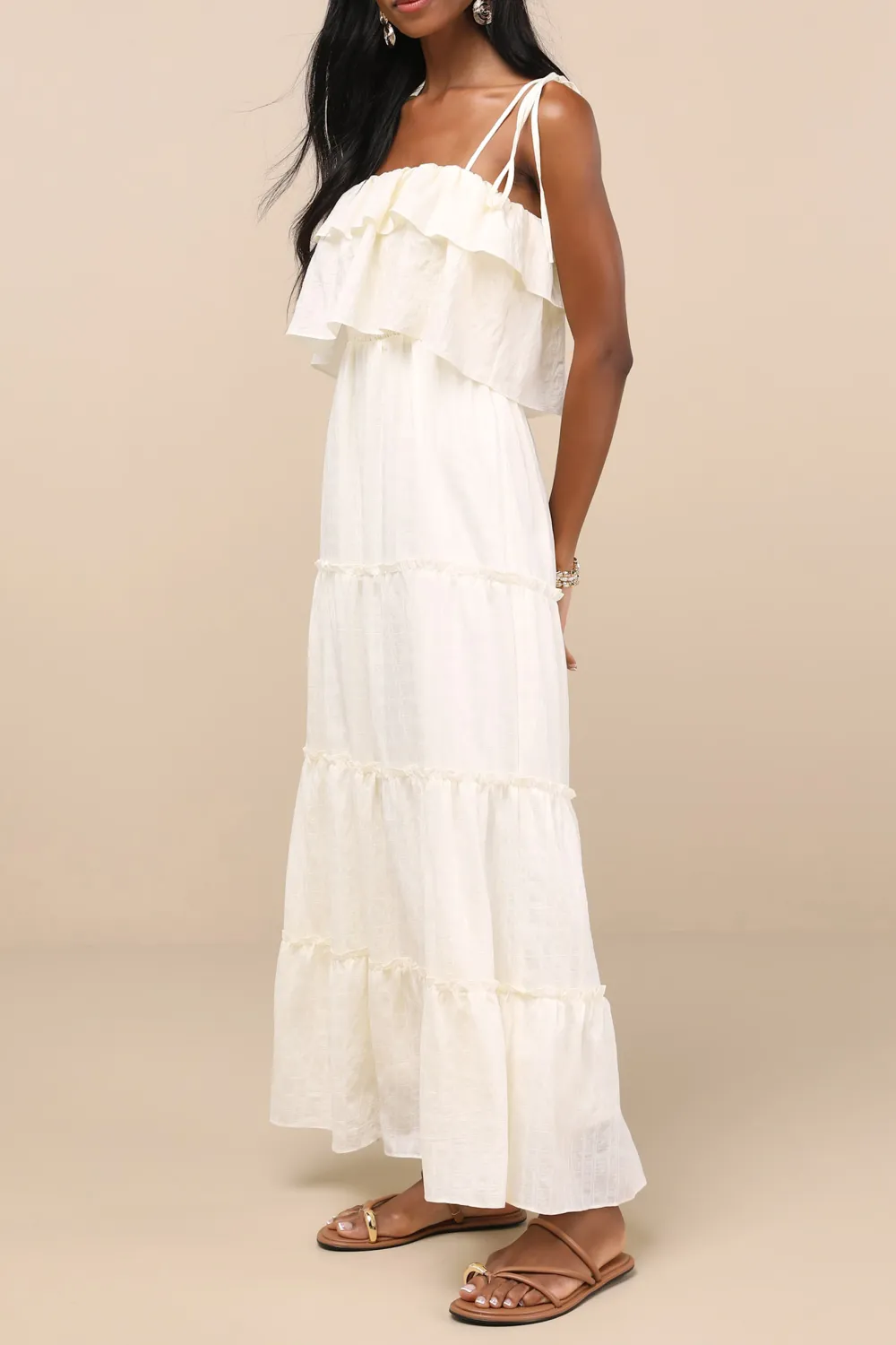 Casual Style  Ivory Textured Tie-Strap Tiered Maxi Dress