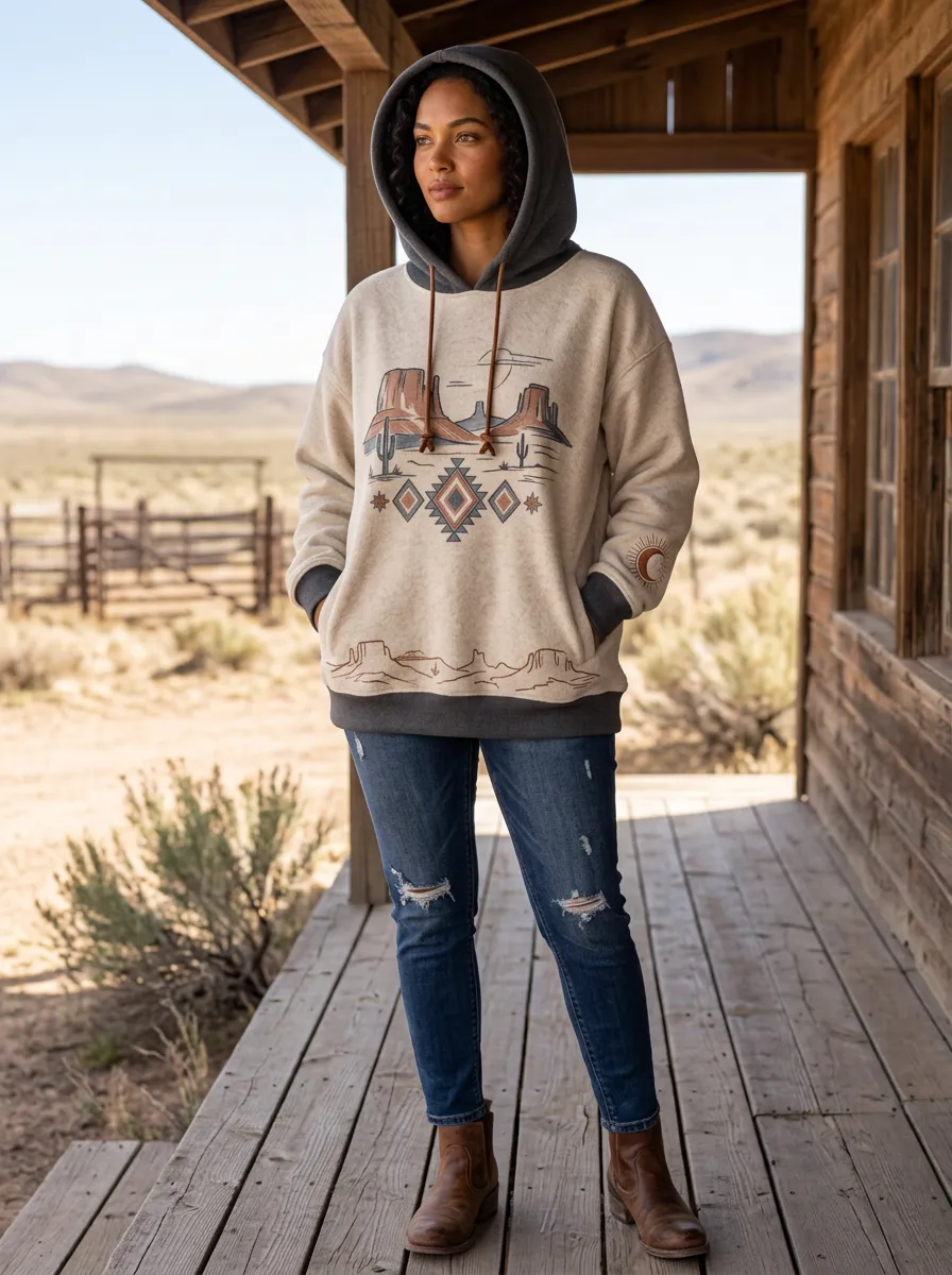 Women's Desert Cactus Geometric Western Hoodie