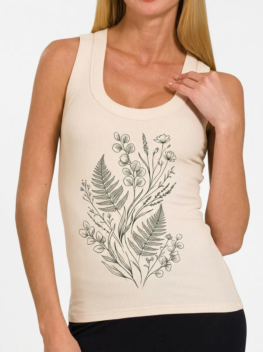Women's Botanical Nature Lover Fern Eucalyptus Printed Tank Top
