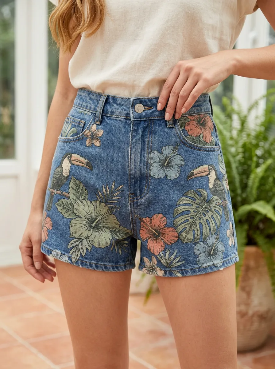 Women's Tropical Toucan Hibiscus Floral Five Pocket Printed Denim Shorts