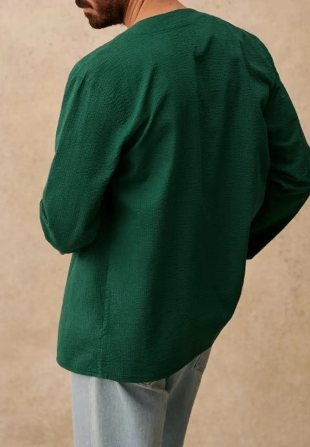 Green Seersucker V-Neck Button Front Jacket