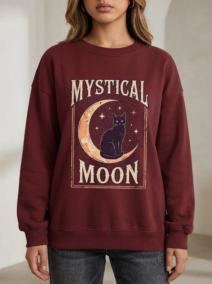 Women's Halloween Mystical Black Cat Moon Printed Sweatshirt