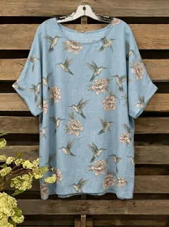 Woodland-Inspired Hummingbird Floral Women's Loose Printed T-Shirt