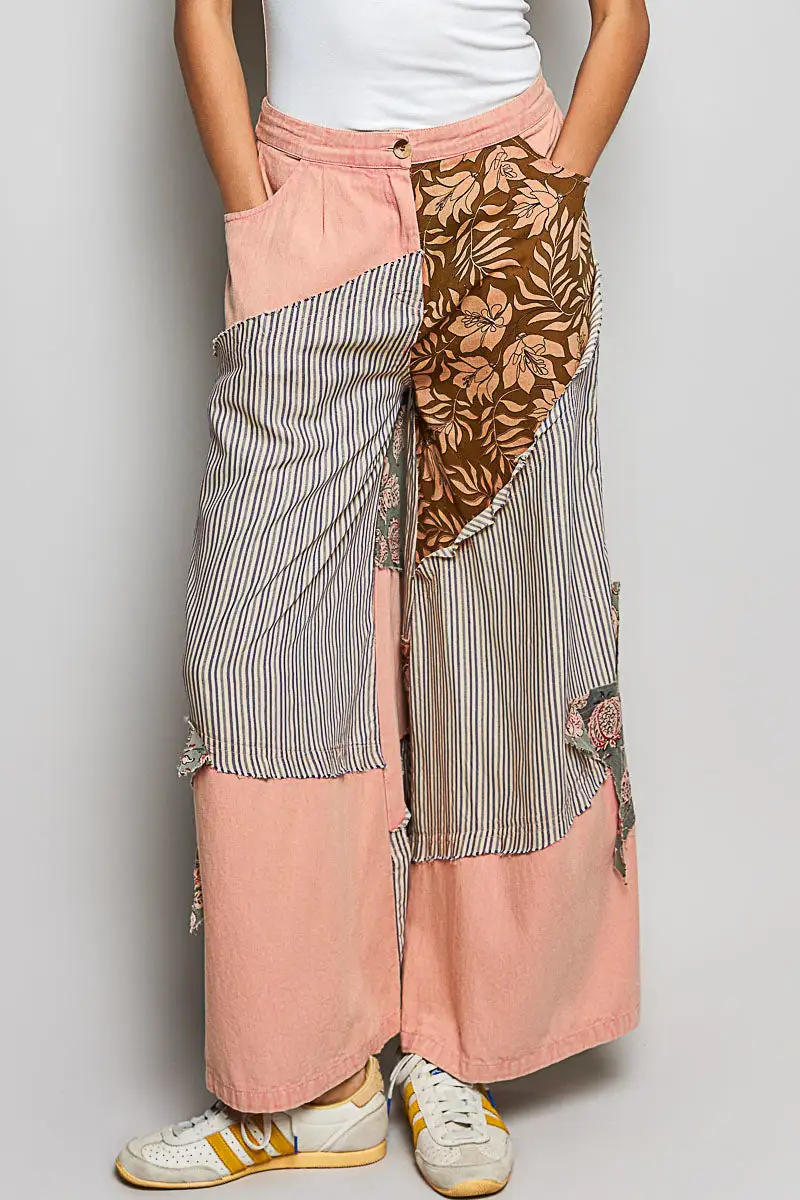 Striped Floral Patchwork Wide Leg Pants With Side Big Star Patch