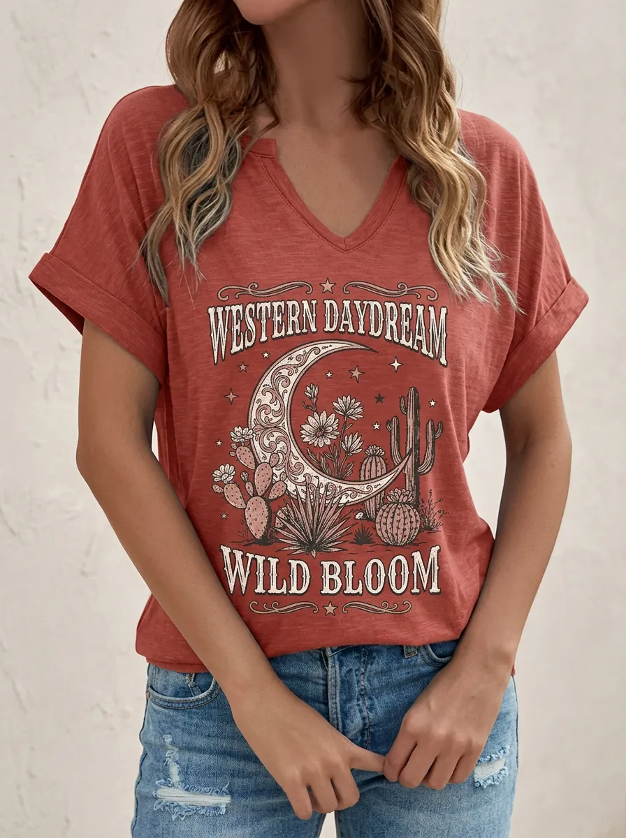 Women's Western Desert Moon Cactus Floral Printed V-Neck T-Shirt