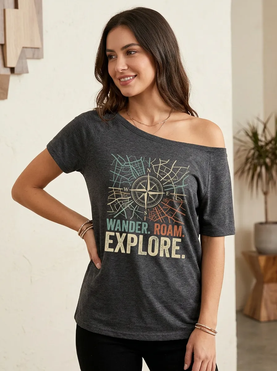 Women's Travel Wander Roam Explore Compass Map Printed T-shirt