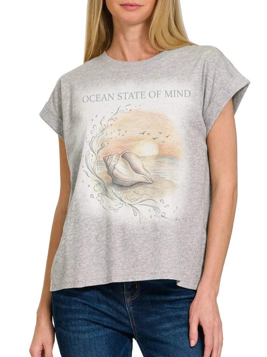 Women's Beach Lover Ocean State of Mind Seashell Printed T-shirt