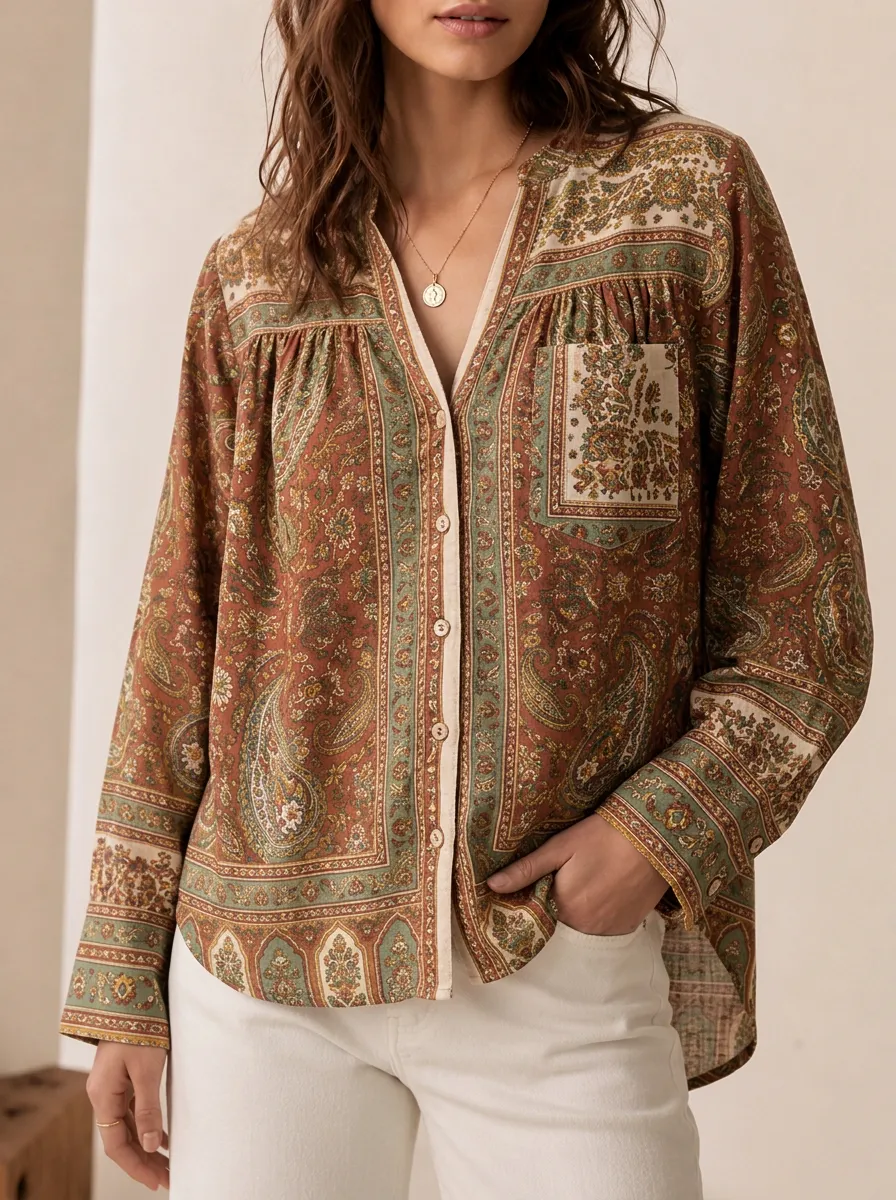 Women's Boho Paisley Floral Pattern Printed Button-Down Shirt