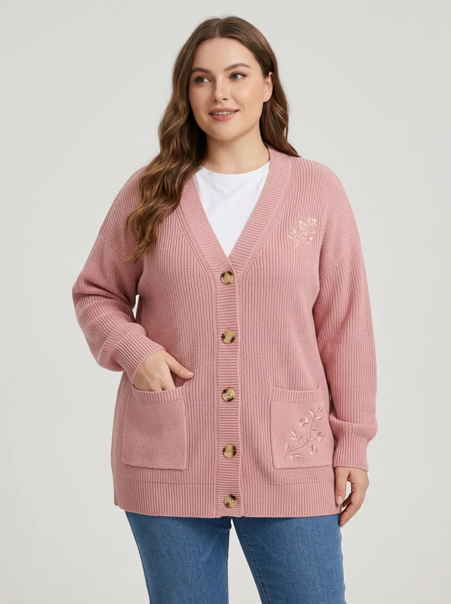 Women's Floral Embroidery Pink Ribbed Knit Cardigan