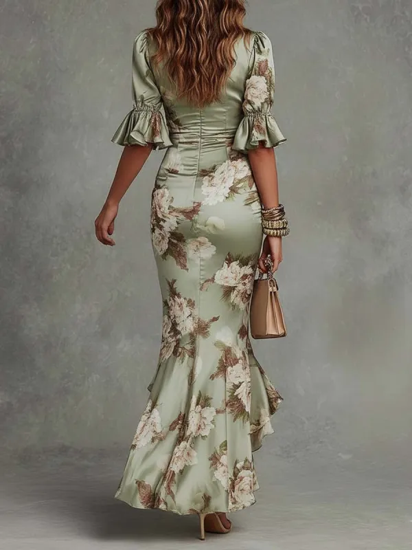 Retro Floral Ruched V-Neck Maxi Dress