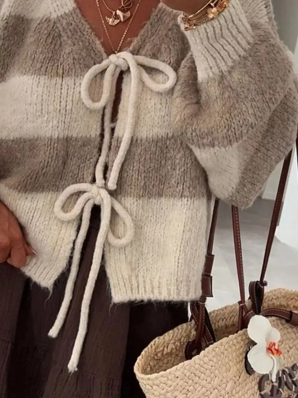 Tie-Front Knit Striped Cardigan