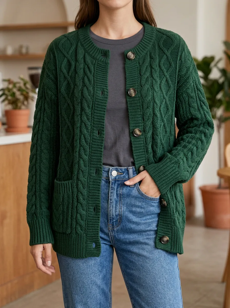 Women's Refined Cable Knit Button Front Crew Neck Cardigan