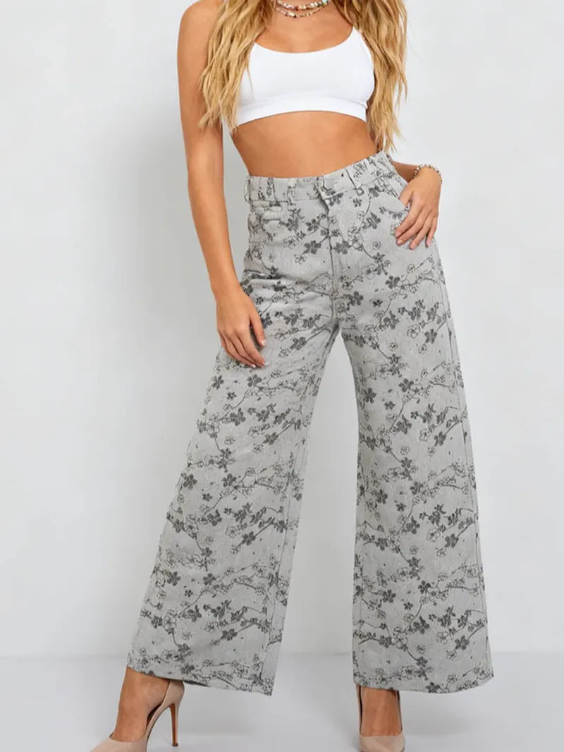 Rhinestone Jacquard Jeans Button Waist Wide Leg Denim Pants