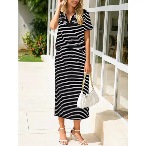 Modern Striped Polo Collar Top And Slit Skirt Two-Piece